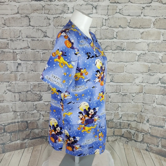 Disney Halloween Scrub Medical Top VNeck Pockets Blue Size  Small - Picture 8 of 14